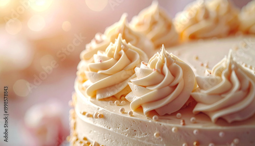 Cream frosted cake with sprinkles close up