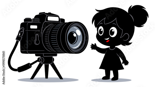 Young girl smiling and interacting with a camera illustration  