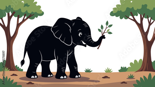Black elephant holding a leaf while standing in forest clearing  