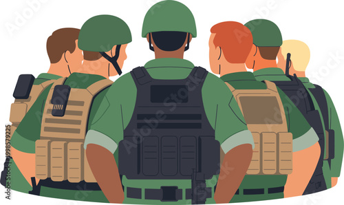 Military team illustration showing soldiers from behind wearing tactical gear and uniforms