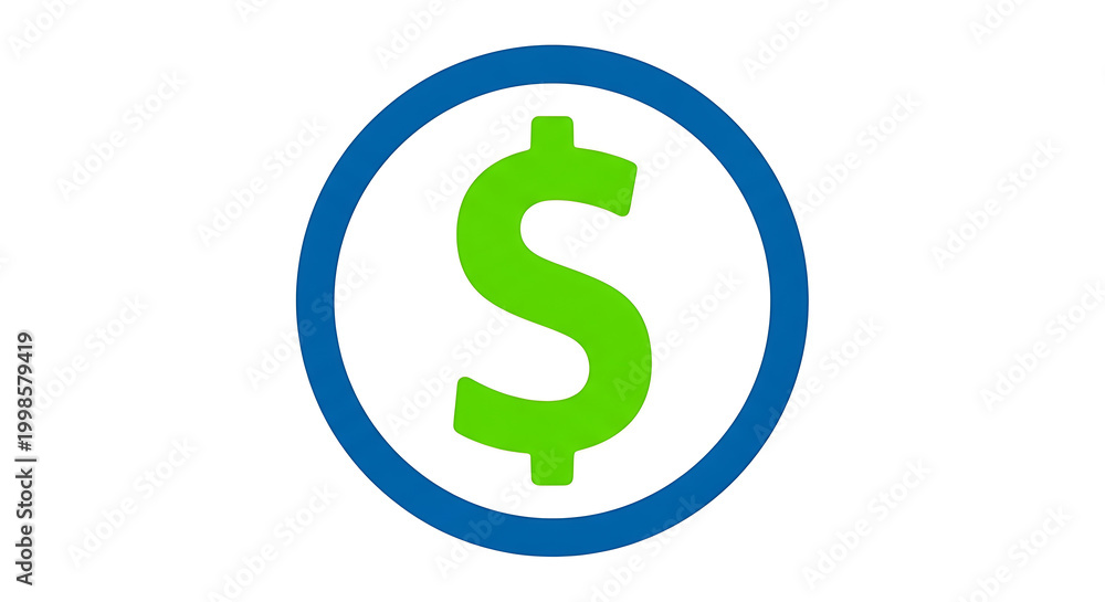 Fototapeta premium Green dollar sign symbol enclosed in a blue circle, flat style
