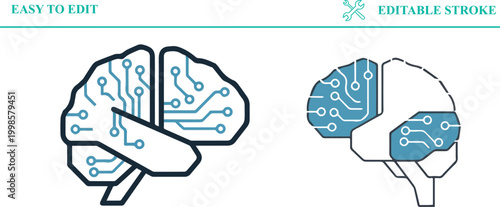 Human brain with circuit board pattern, artificial intelligence and technology concept, data processing and network connection, science and education symbol, editable stroke and easy to edit.