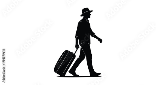 Silhouette of a man wearing a hat walking forward and pulling a wheeled travel suitcase