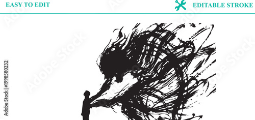 Dark silhouette of person with chaotic brush strokes for hair or clothing, representing turmoil or creative energy, isolated on transparent background.