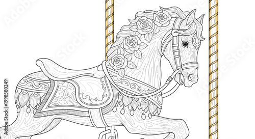 Beautiful carousel horse decorated with roses for fairground amusement park ride