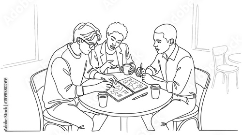 Three diverse professionals collaborating over a project at a small round table.