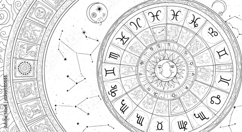 Detailed astrology wheel illustration with zodiac signs and celestial constellation pattern design
