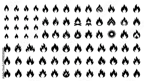 Set of various fire icons flame, campfire, and swirling fire symbols