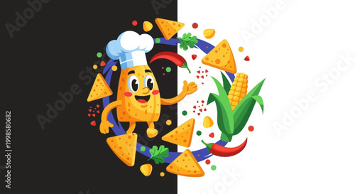 Colorful cartoon chef character with food.