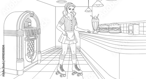 Retro fifties style diner waitress wearing roller skates serving food illustration