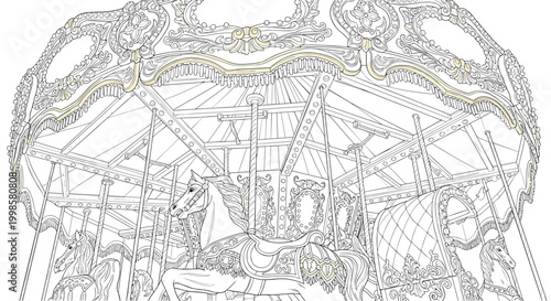 Intricate hand drawn illustration of an antique vintage carousel merry go round