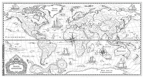 Vintage style hand drawn world map illustration for travel adventure design projects
