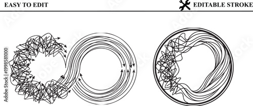 Two circular abstract shapes with arrows showing flow and transition concept on transparent background with editable stroke option easy to edit vector.