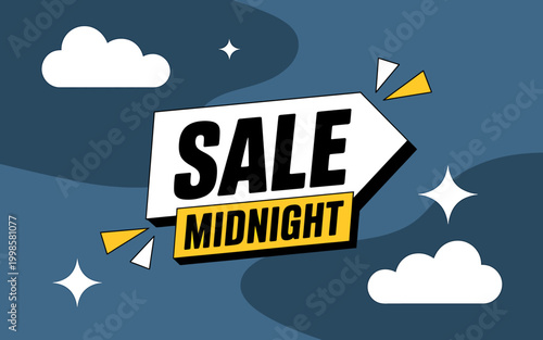 Midnight sale advertisement with clouds and stars on blue background