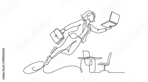 Continuous one line drawing of a flying businesswoman with laptop and briefcase.