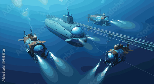 Advanced deep sea submarines navigating through the dark ocean depths with lights