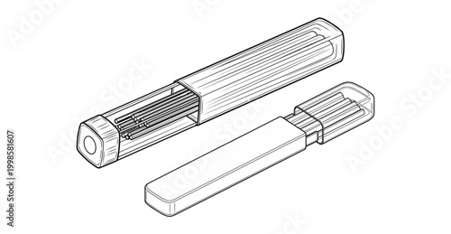 Detailed vector illustration showing two cases of mechanical pencil leads, one fully open and one partially closed.