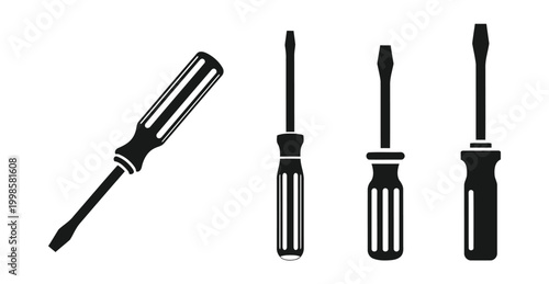 Versatile set of flathead screwdriver vector illustrations, ideal tools for various repair and assembly tasks.