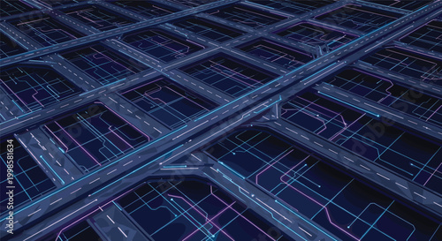 Futuristic digital smart city grid with glowing roads and interconnected network lines