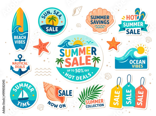 Beach Summer Sale Sticker Set: Tropical Coastal Vector Badges, Nautical Anchor and Sailboat Discount Labels, and Ocean Theme Promotional Tags with Surfboard and Seashells