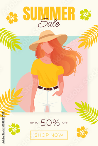 Summer sale banner with faceless redhead woman in hat vector illustration.