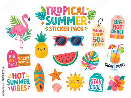 Tropical Summer Sticker Pack: Cute Kawaii Flat Vector Icons with Flamingo, Pineapple, Watermelon, and Beach Vacation Elements for Social Media and Planning