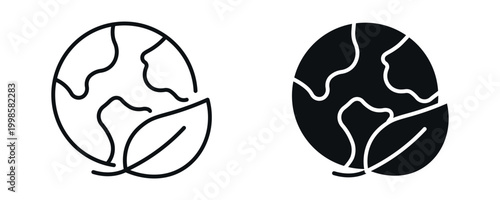 Eco earth icon set, global sustainability and environmental concept with leaf and planet in line and solid style. vector illustration.