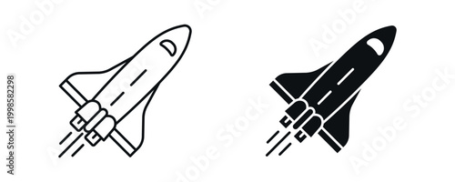 Space shuttle icon set, aerospace and launch vehicle concept in line and solid style. vector illustration.

