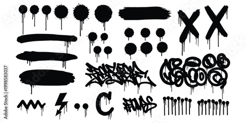 Set of black spray paint graffiti marks splatters and drips for urban design projects