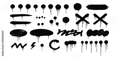Set of black graffiti spray paint drips and abstract ink splatter shapes