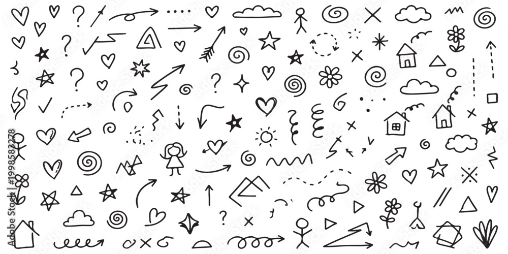 Fototapeta premium Set of hand drawn doodle icons including arrows hearts stars and shapes for creative design
