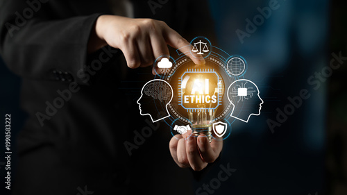 Foto Business person holding lightbulb with ethics concept surrounded by icons representing ideas, knowledge, justice, and technology in a modern office environment Fluxor