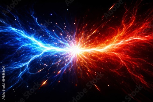 Abstract Collision of Red and Blue Plasma Energy, Opposing Force Explosion, Cosmic Supernova Background with Lightning Electricity and Particle Physics Effects