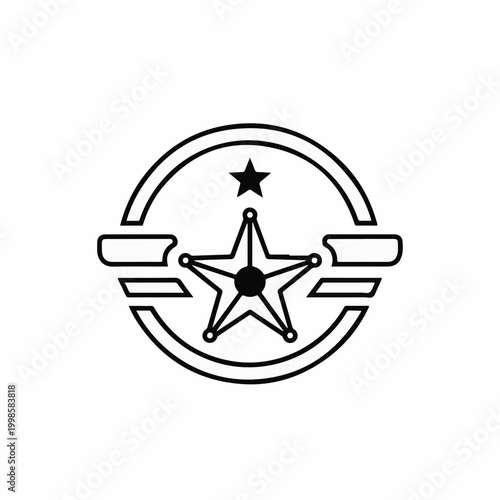 Military star emblem vector, circular aviation wing badge icon, black and white sheriff star logo, patriotic army rank insignia graphic