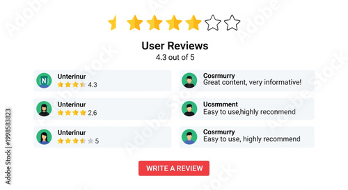 Customer review interface displaying user feedback with star ratings and comments showcasing positive user experiences and a call to action to write a review