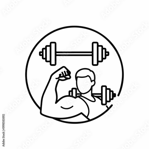 Minimalist bodybuilding line icon, muscular man flexing bicep with barbell, fitness gym logo vector, strength training and weightlifting symbol