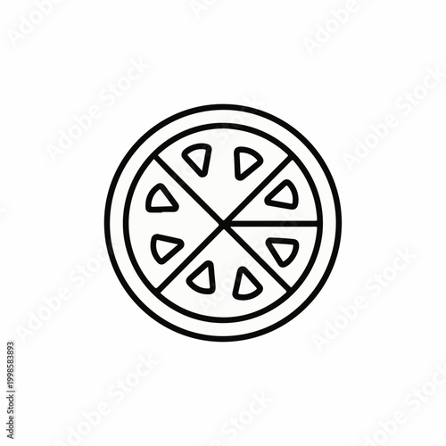 Minimalist pizza icon vector, thin line art pepperoni pizza slice illustration, simple circular fast food logo element on white background