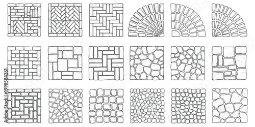 Set of stone and brick paving patterns with various geometric textures and cobble arrangements