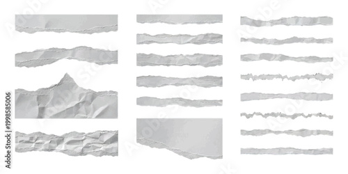 Set of various torn paper strips and ripped edge pieces with rough texture
