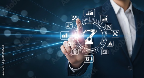 Businessman touching a digital interface screen with robotic arm industry automation icons and data analytics symbols for factory management and manufacturing technology