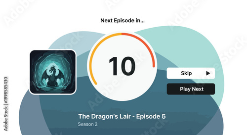 Digital interface displays a countdown timer for the next episode of the dragon's lair episode 5 in season 2 featuring a play button skip option and abstract background