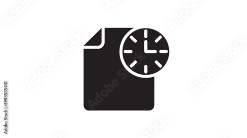 Black Document Icon With Clock On White Background For Time Management Concepts