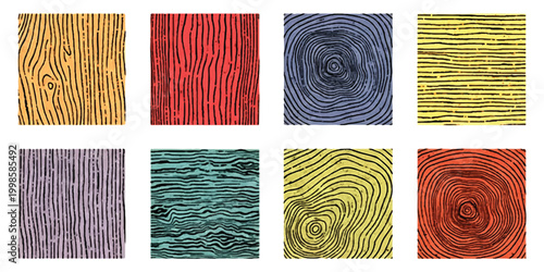 Set of colorful hand drawn wood grain and tree ring textures in square frames