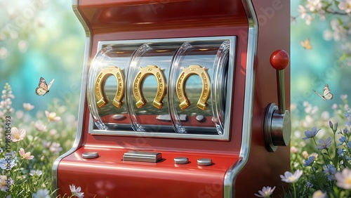 3d red slot machine with gold lucky horseshoe in casino vibes, on summer background