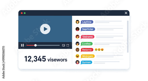 Digital interface displaying a live streaming video player with a play button progress bar viewer count of 12 345 and a chat window featuring multiple user avatars and colorful
