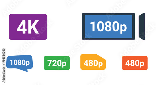 Collection of digital icons representing video resolution formats including 4k 1080p 720p and 480p displayed against a clean white background with clear typography and distinct