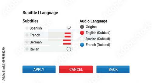 User interface screen displaying subtitle and audio language selection options with radio buttons and dropdown menus for spanish french german and italian alongside original