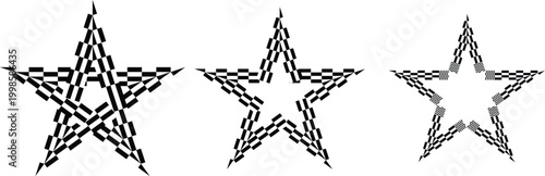 Three black and white barbed wire stars of varying densities
