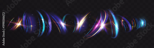 Abstract neon light waves forming dynamic glowing loops in blue, pink, and gold tones. Futuristic energy lines with sparkling highlights on dark background, perfect for technology and motion design.