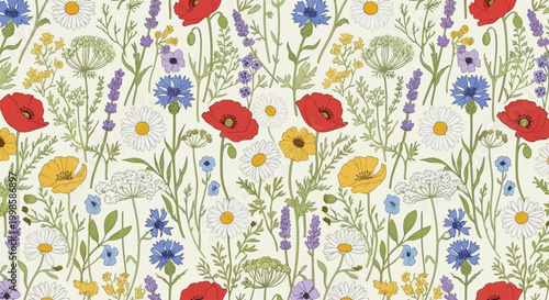 Colorful flowers in floral pattern.